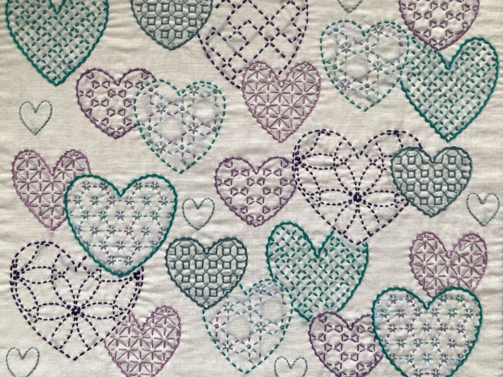 刺し子ふきん～寄せ模様ハート