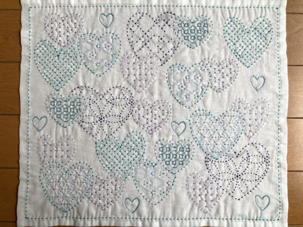 刺し子の花ふきん寄せ模様ハートの裏側